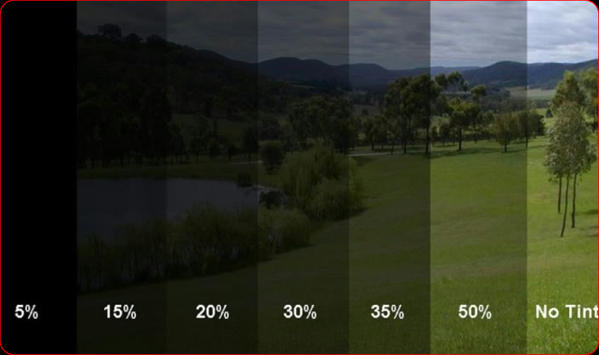 Window tint shades side by side: 5%, 15%, 20%, 30%, 35%, 50% and no tint